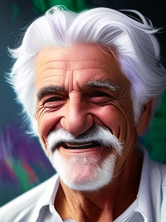 create a portrait hyper detailed of a man with white hair and mustaches, happy face, in contemporary art painting style, 4k