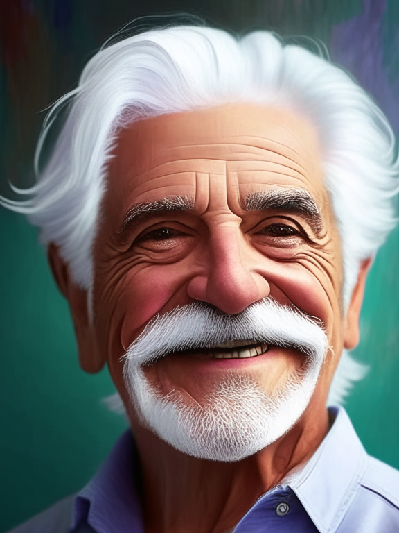 create a portrait hyper detailed of a man with white hair and mustaches, happy face, in contemporary art painting style, 4k