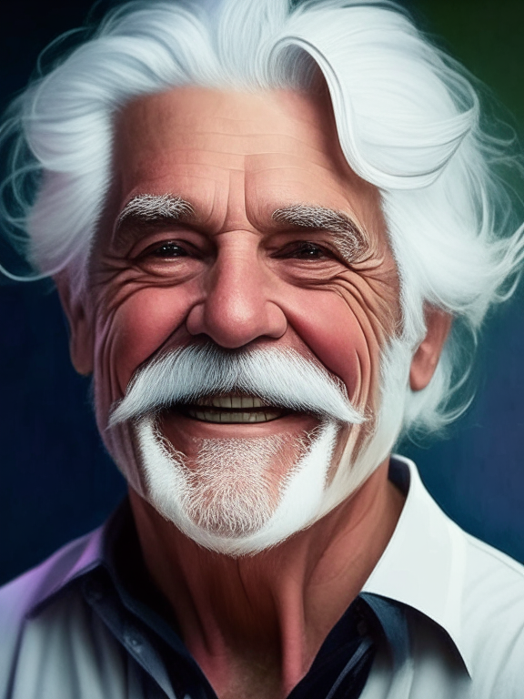 create a portrait hyper detailed of a man with white hair and mustaches, happy face, in contemporary art painting style, 4k