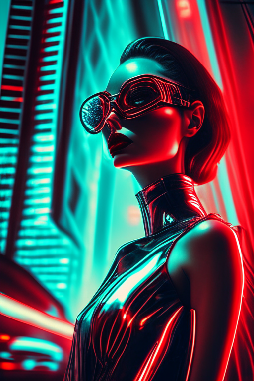 In a sleek future cityscape of glittering glass and neon lights, a mysterious bionic being encounters a dangerous lady fatale. Visual style: • Film noir aesthetics with a modern sci-fi twist • Sleek chrome and glass architecture with flying cars • The lady wears a form-fitting red dress and vintage sunglasses • The bionic being has cybernetic limbs and glowing eyes Story elements: • The lady fatale is cunning, stealthy, and manipulative, trying to extract secrets from the bionic being • The bionic being is strong, fast, and initially suspicious of the lady's motives • Despite their different natures, there is an undeniable chemistry and attraction between them • As they slowly connect through conversation and interaction, they begin to see each other with new eyes • The moral codes of both characters are challenged as they clash and cooperate in the sprawling cityscape • The story remains ultimately ambiguous, with the potential for a new type of loyalty emerging between these unlikely allies Does this capture the spirit of what you envision? I tried to incorporate luxury and powerful character elements while maintaining a cinematic "chick flick" noir vibe with strong visual style