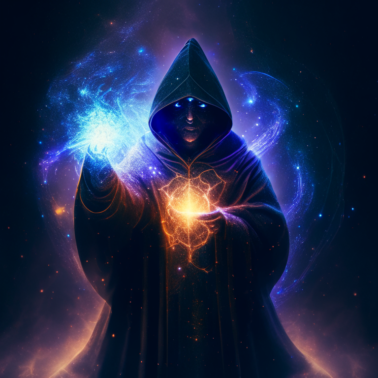 hooded master sorcerer holding galaxy in his hands, expelling electric rays around him, hdr, 8k