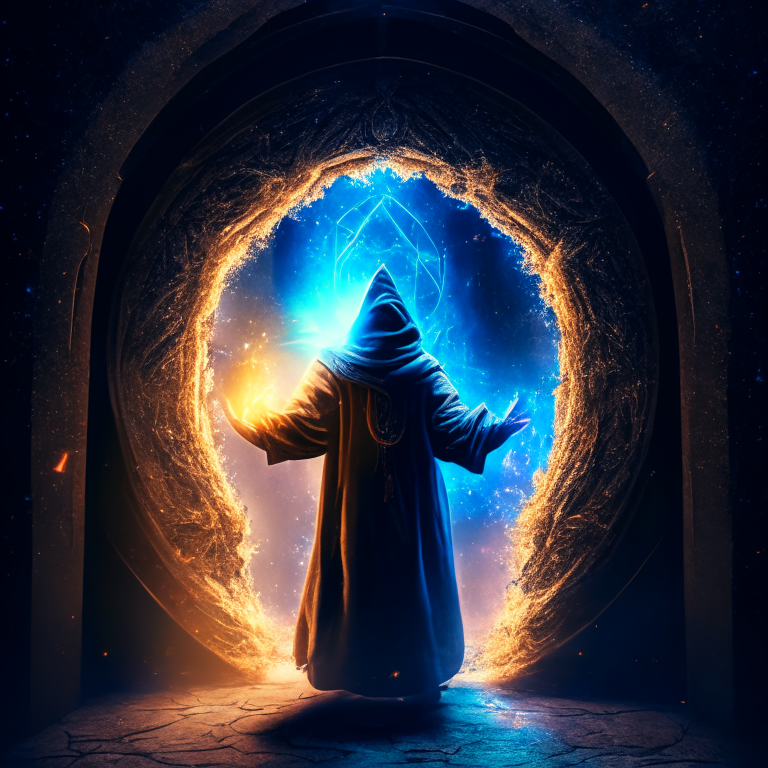 hooded master sorcerer opening portal to another dimension, hdr, 8k