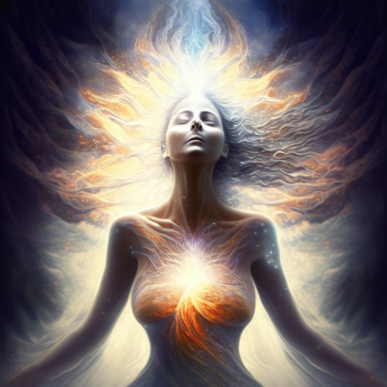 A spiritual woman shifting into a being of energy who then shifts into existence 