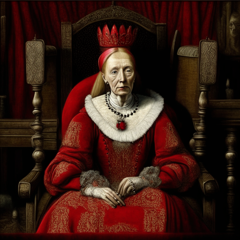 Elisabeth Báthory 30 year old, Sitting on a king's chair, cruel