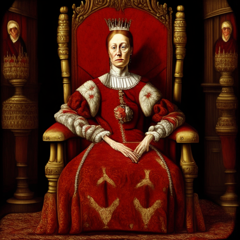 Elisabeth Báthory 30 year old, Sitting on a king's chair, cruel