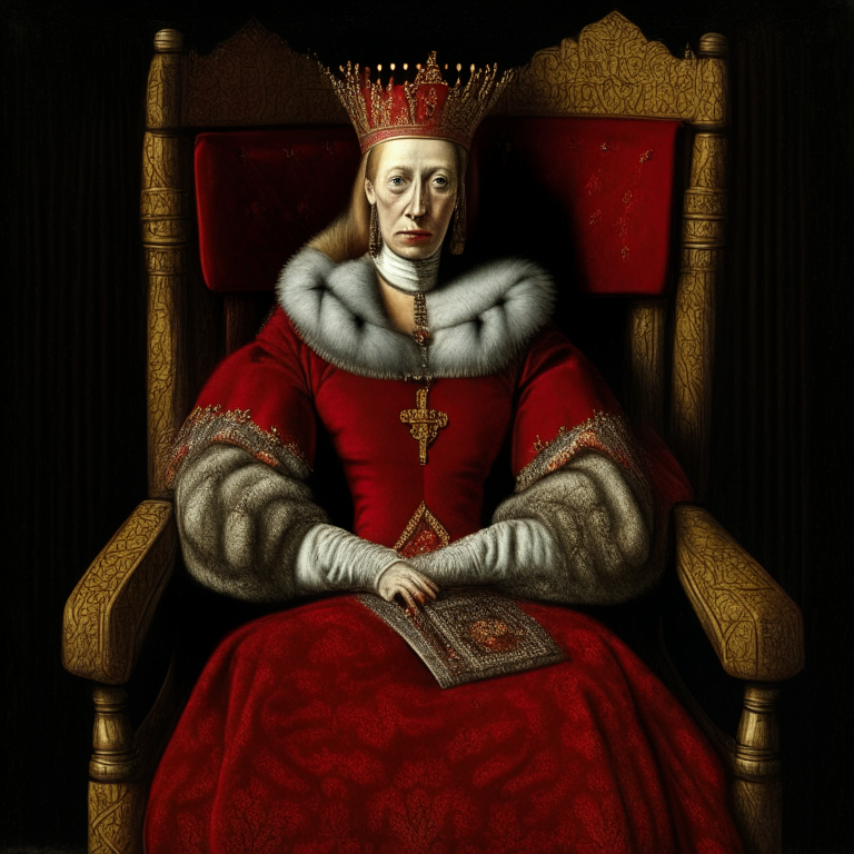 Elisabeth Báthory 30 year old, Sitting on a king's chair, cruel