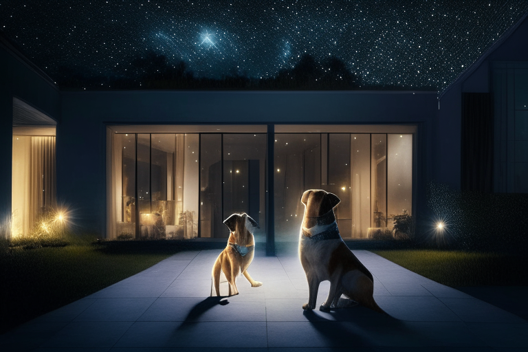 two dogs playing in the courtyard of a beautiful modern house at night, with a starry sky and lights glowing from the windows