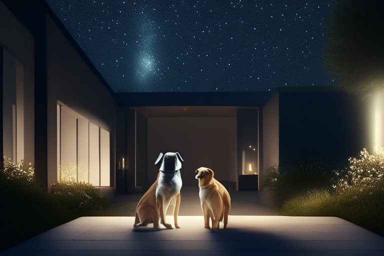 two dogs playing in the courtyard of a beautiful modern house at night, with a starry sky and lights glowing from the windows, ultrarealistic, 8k, octane render