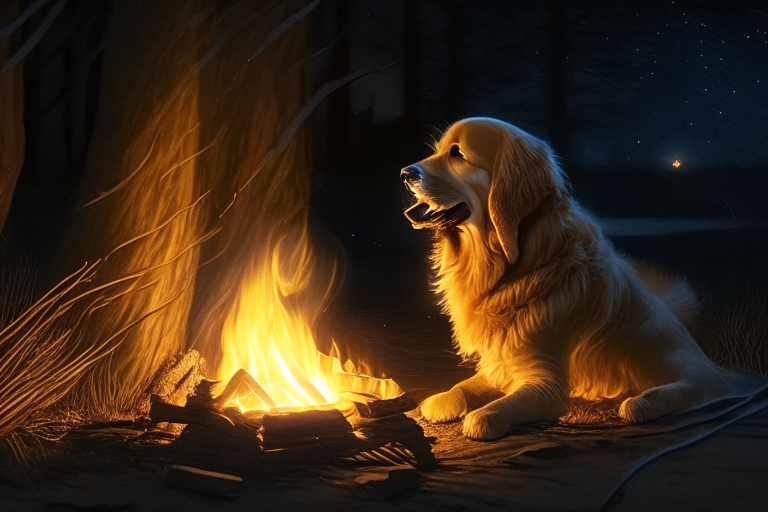 a golden retriever playing near a campfire at night