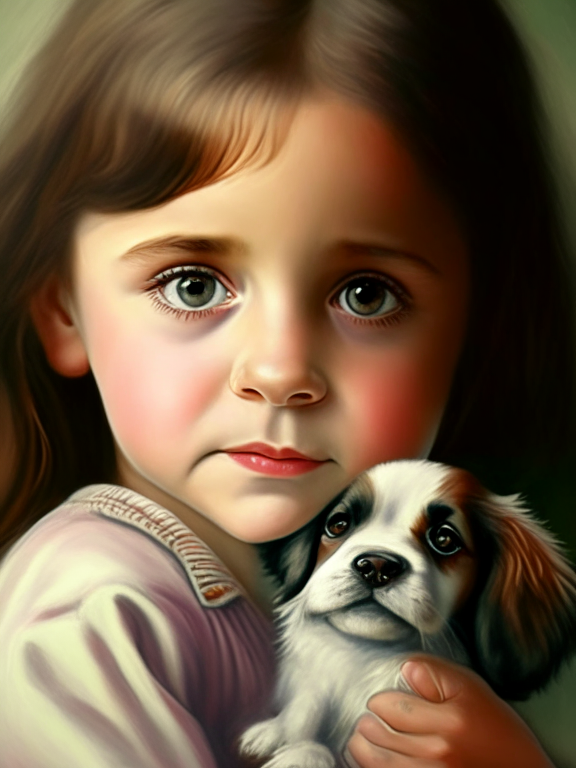 a painting of a little girl holding a dog