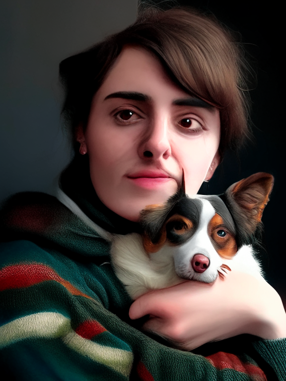 a beautiful portrait of the subject holding the dog in image 3 like a hyper detailed painting, 8k