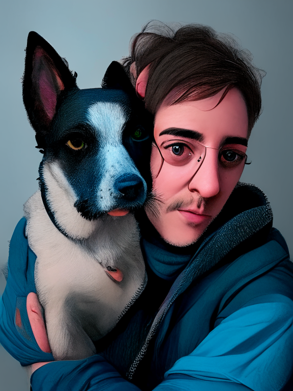 a hyper detailed avatar-style portrait of the subject holding the dog in image 3
