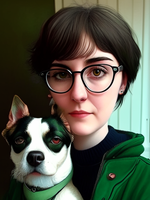 a beautiful portrait of the girl with short hair, green eyes, circle glasses and the dog in image 3, hyper detailed