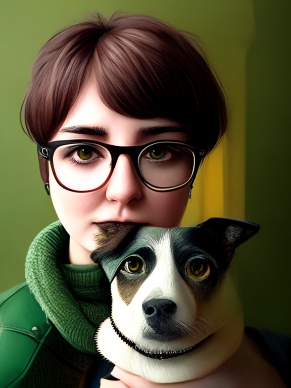 a beautiful portrait of the girl with short hair, green eyes, circle and golden glasses and the bovaro dog in image 3, hyper detailed