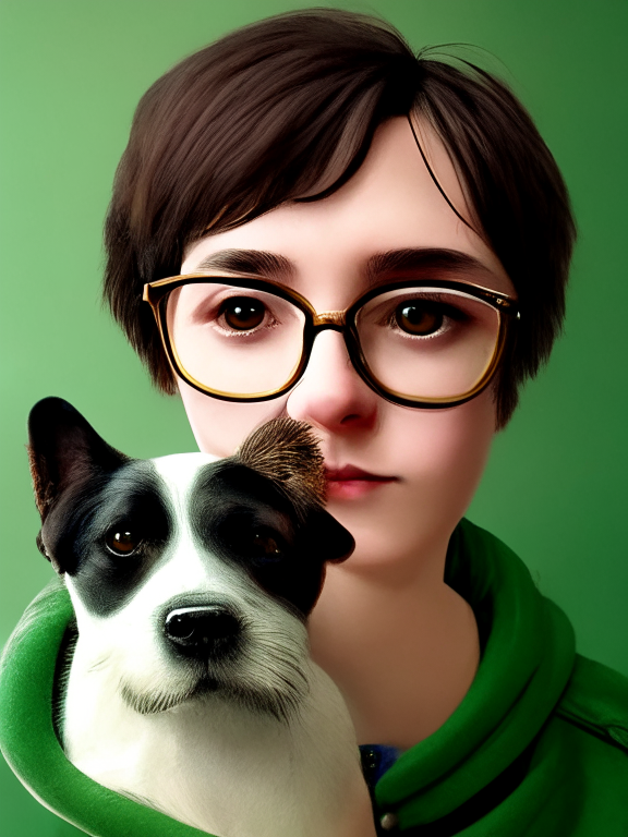 a beautiful hyper detailed portrait of the girl with short hair, green eyes, circle and golden glasses and the bovaro dog from image 3