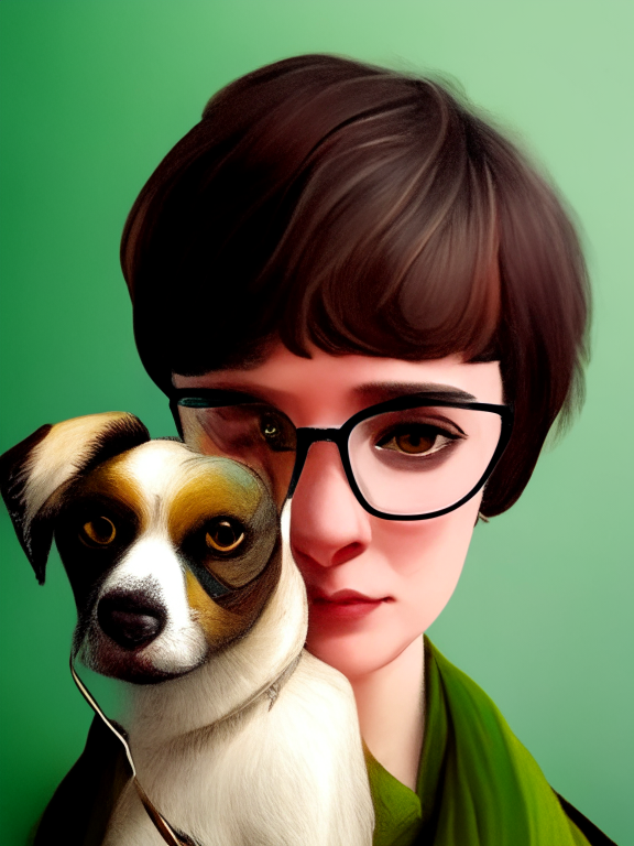 a beautiful contemporary painting style portrait of the girl with short hair, green eyes, circle golden glasses and the bovaro dog from image 3