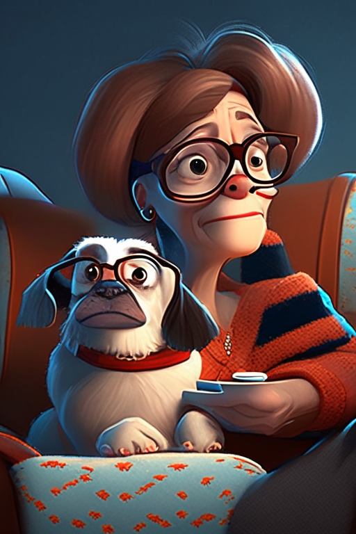 a woman with glasses and a dog in her lap, Pixar style animation