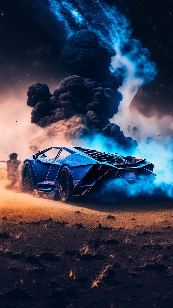 a front of a blue lamborghini veneno with fire and smoke coming out of the exhaust on a dirty field surface with the milky way galaxy filling the background