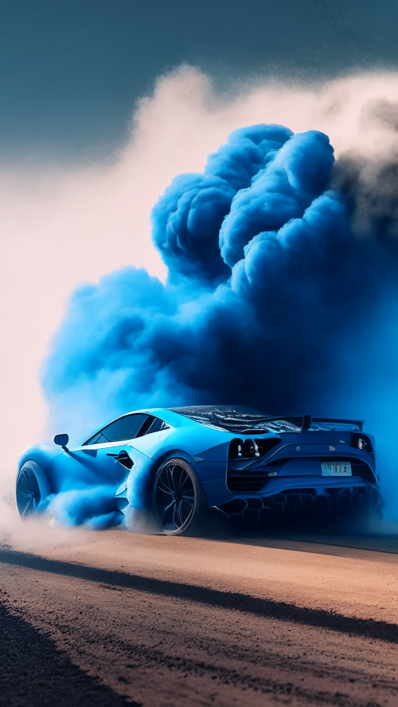 a blue sports car with smoke coming out of the exhaust on a dusty road