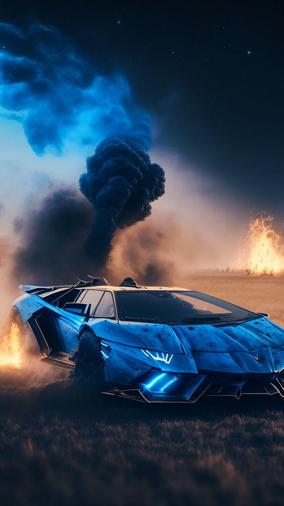 a front about a blue Lamborghini Veneno model with fire and smoke on the wheels in a dirty field suface with milky way on background, 4k, 8k, rendering, cinematic