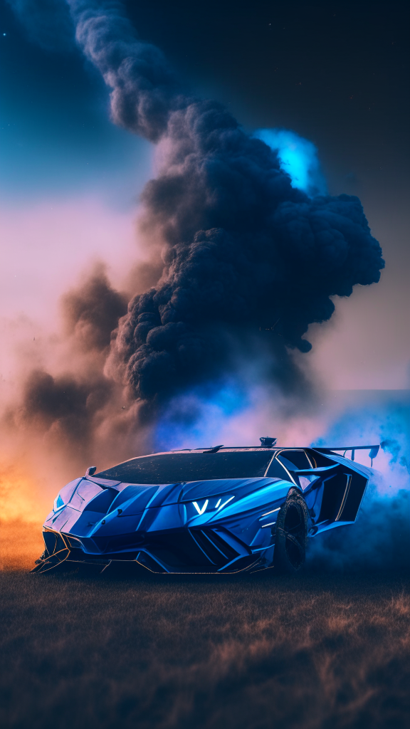 a front about a blue Lamborghini Veneno model with fire and smoke on the wheels in a dirty field suface with milky way on background, 4k, 8k, rendering, cinematic