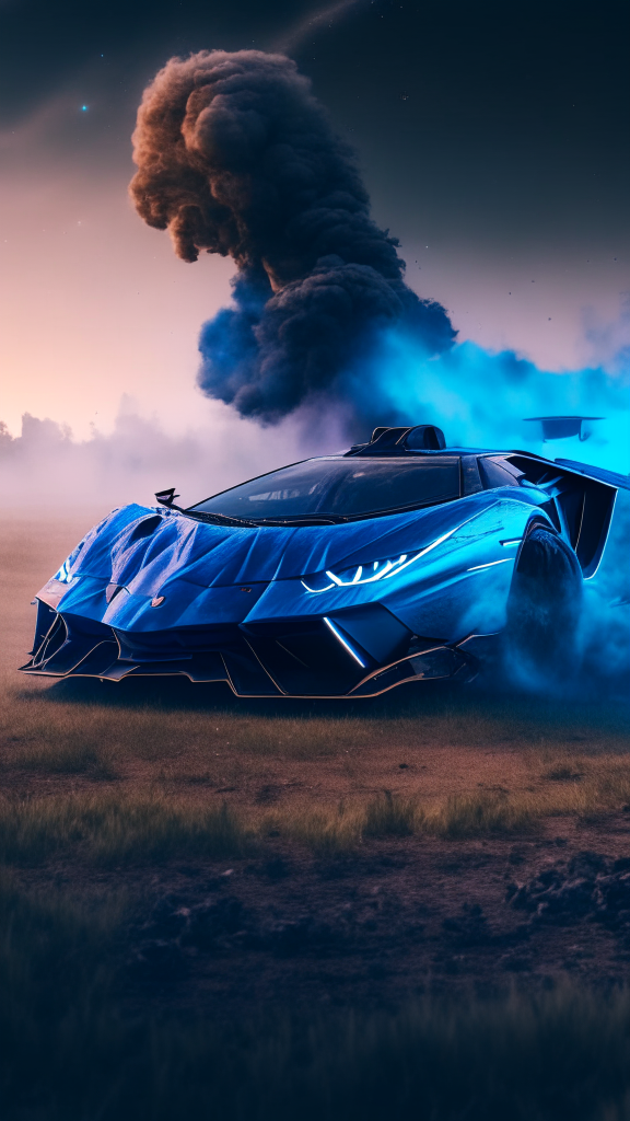 please generate a front about a blue Lamborghini Veneno model with fire and smoke on the wheels in a dirty field suface with milky way on background, 4k, 8k, rendering, cinematic