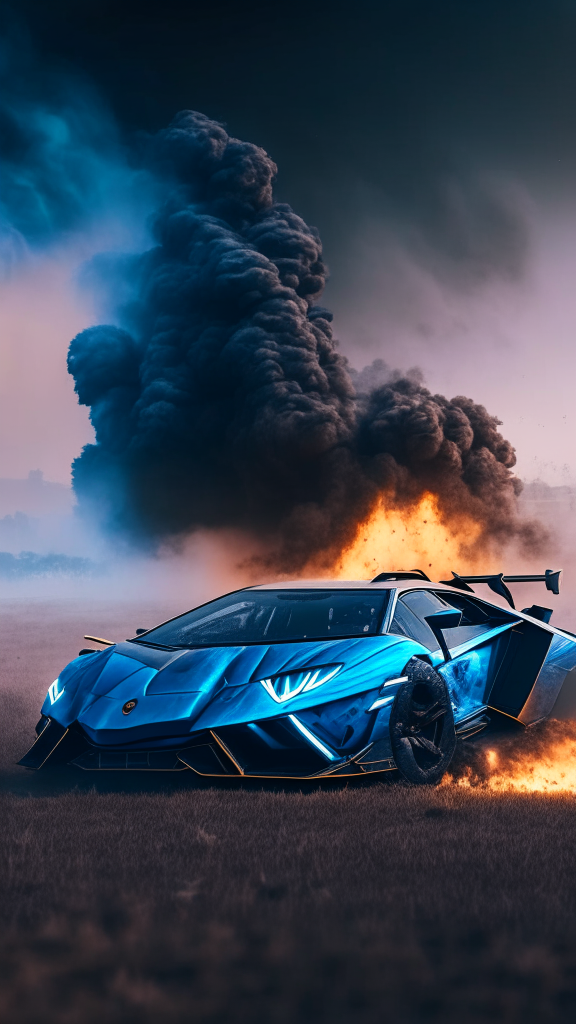 please generate a front about a blue Lamborghini Veneno model with fire and smoke on the wheels in a dirty field suface with milky way on background, 4k, 8k, rendering, cinematic