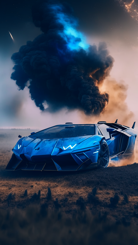a front about a blue Lamborghini Veneno model with fire and smoke on the wheels in a dirty field suface with milky way on background, 4k, 8k, rendering, cinematic