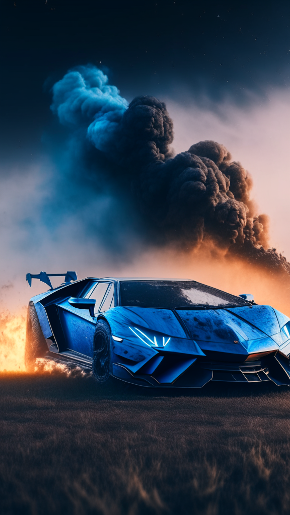 a front about a blue Lamborghini Veneno model with fire and smoke on the wheels in a dirty field suface with milky way on background, 4k, 8k, rendering, cinematic