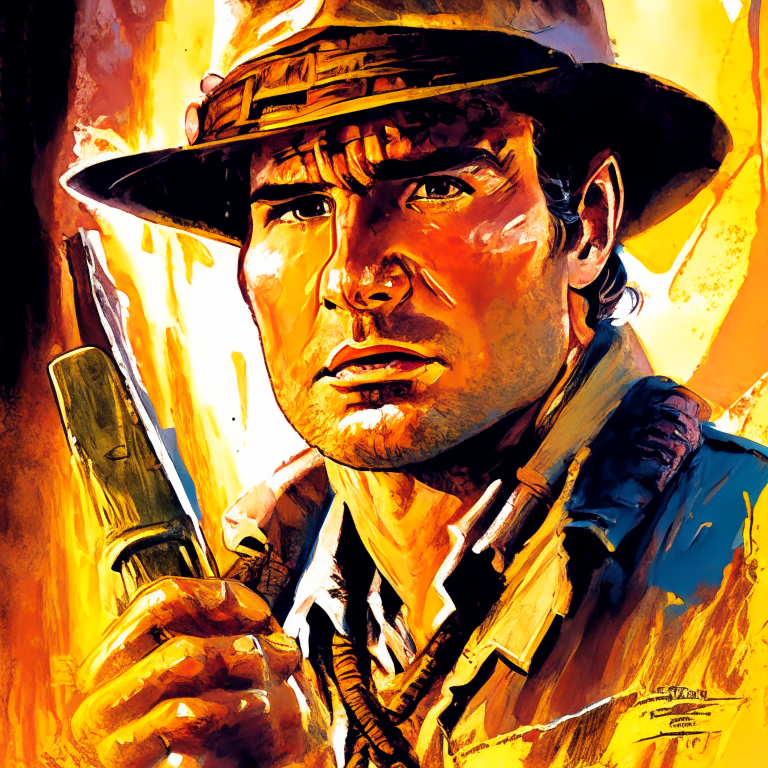 A young Indiana Jones in Raiders of the Lost Ark comic book art style with natural colors, high resolution, acrylic painting, palette knife and brush stroke effects