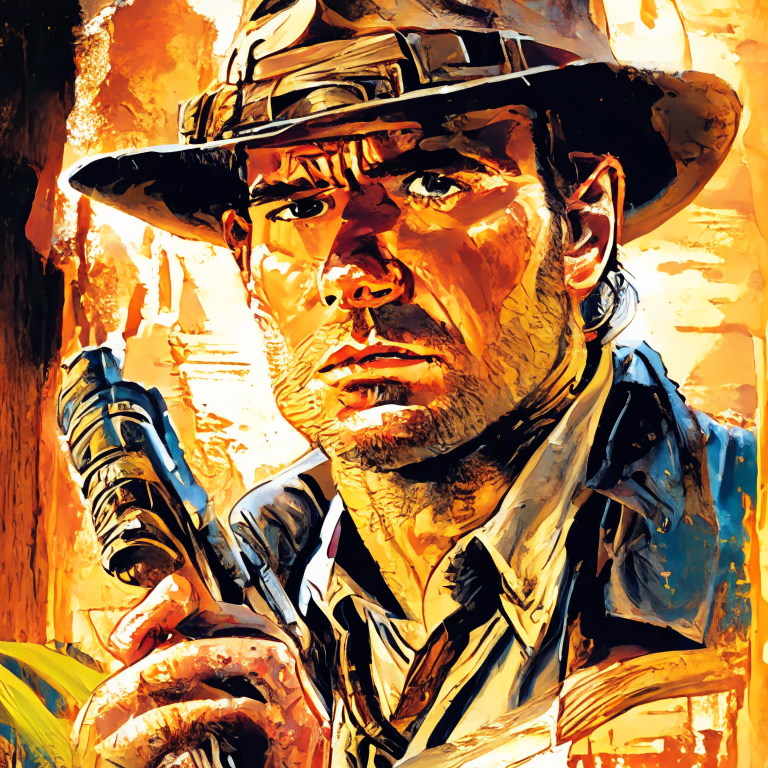 a young Indiana Jones in Raiders of the Lost Ark comic book art style with natural colors, high resolution, acrylic painting, palette knife and brush stroke effects, sharp details, landscape background