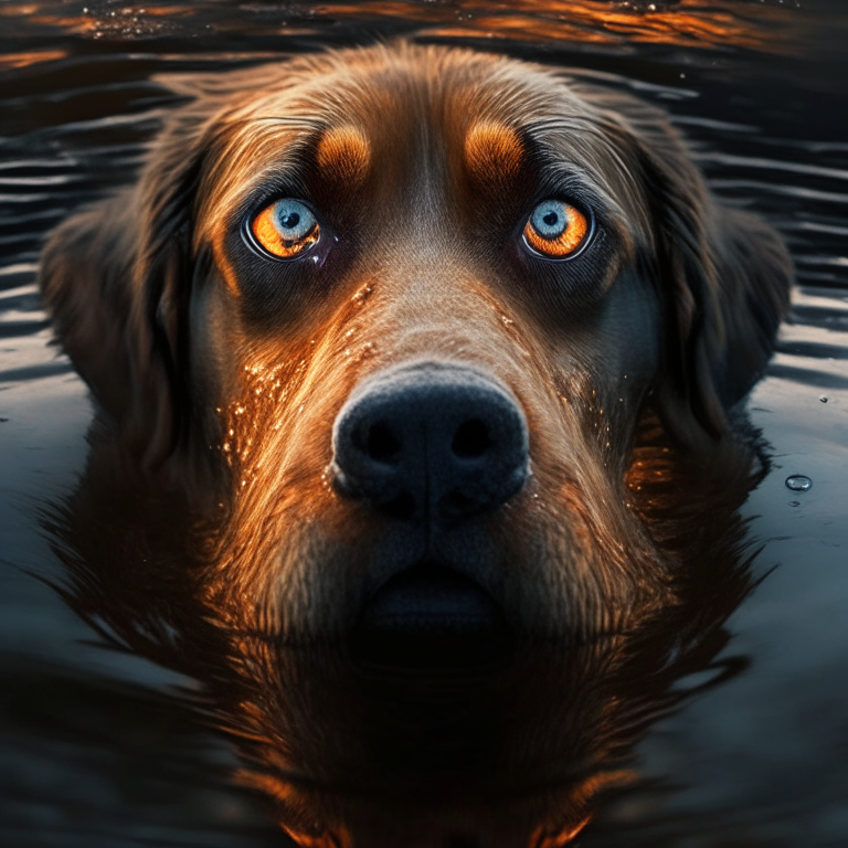 the dog swims in muddy water, horror froze in the dog's eyes. Fire reflects in the eyes

