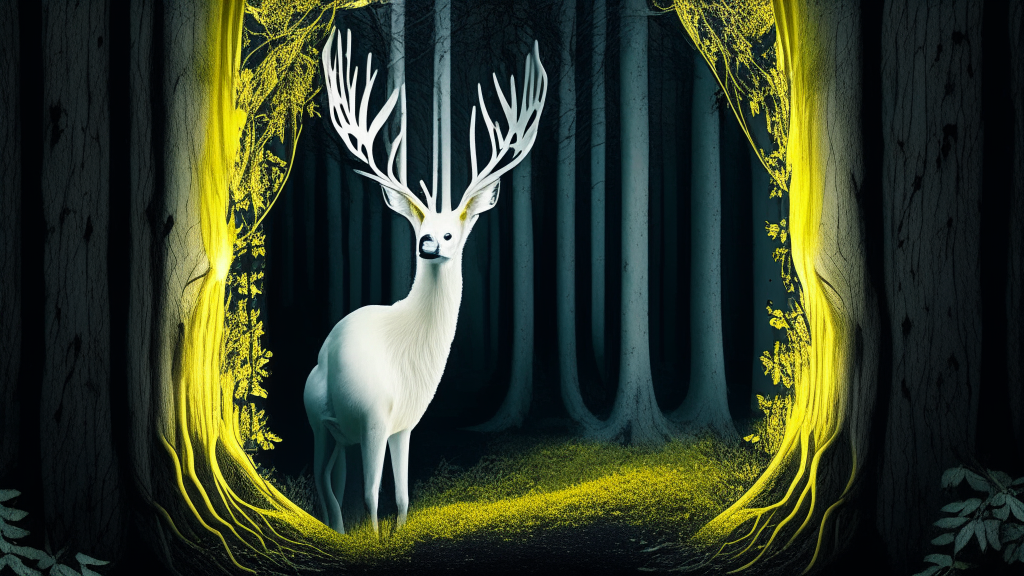 an open door in the trees of a forest, with a white deer with glowing yellow eyes beside it