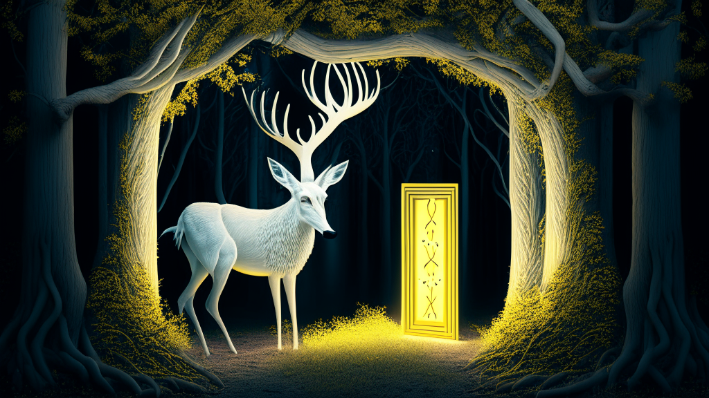 a forest with an open old vintage door in the trees, with a white deer with big, glowing, yellow eyes beside it, 8k, 4k, intricate detailed