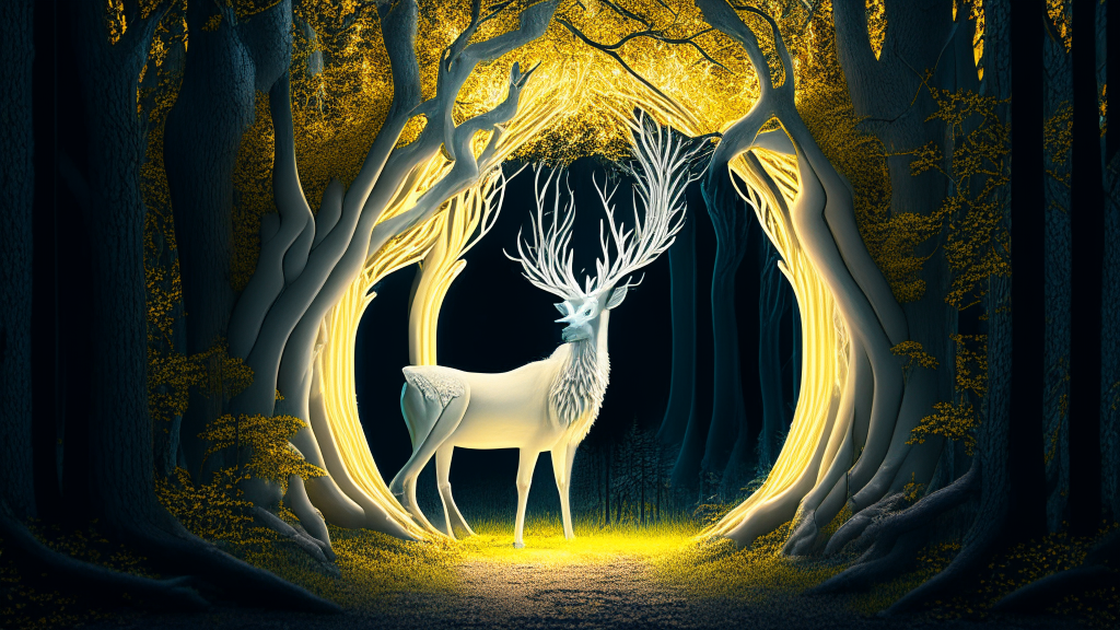 a forest with an open, old door in the trees, with a white deer with big, glowing, yellow eyes, beside it, 8k, 4k, intricate detailed