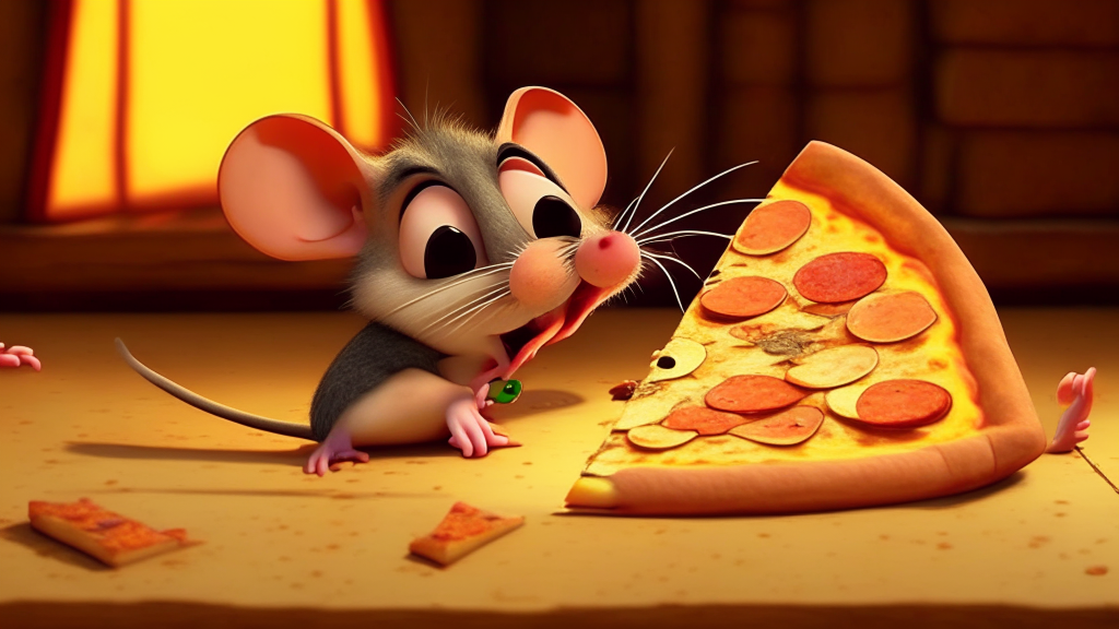 a cartoon mouse eating a slice of cheese pizza, pixar, up, ratatouille, toy story, animated