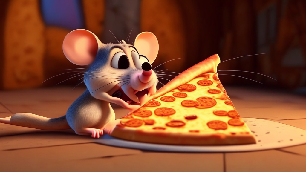 a detailed cartoon mouse eating a slice of cheese pizza in a pixar style, up, ratatouille, toy story, animated, 8k
