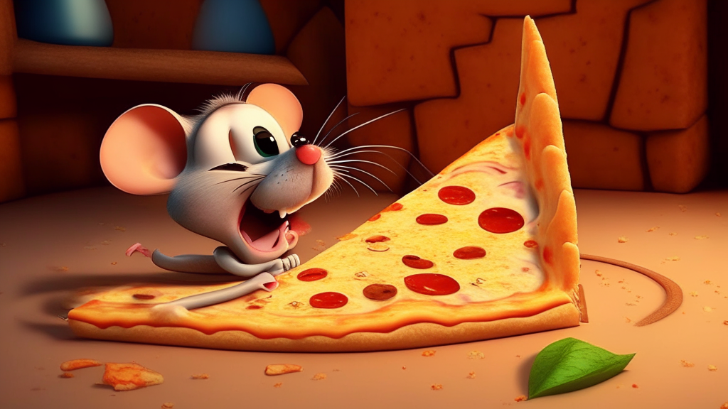 a cartoon happy mouse beside a slice of cheese pizza, pixar, up, ratatouille, toy story, animated