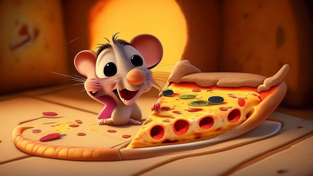 a cartoon happy mouse beside a slice of cheese pizza, pixar, up, ratatouille, toy story, animated