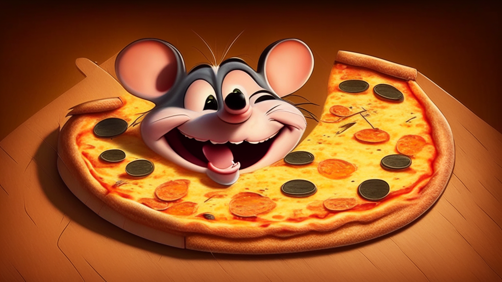 a cartoon of a smiling mouse on a slice of cheese pizza, pixar, up, ratatouille