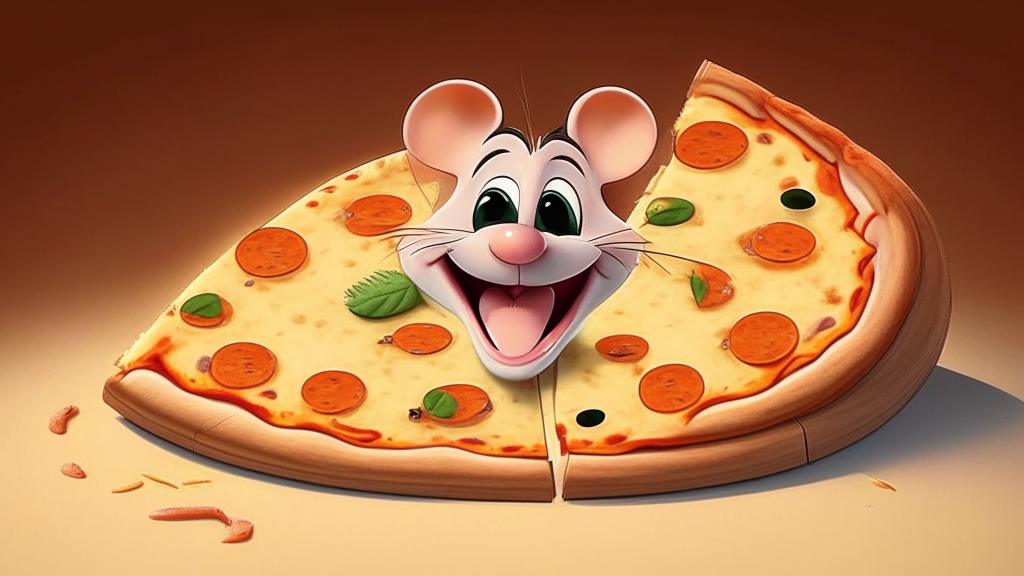 a cartoon of a smiling mouse on a slice of cheese pizza, pixar, up, ratatouille