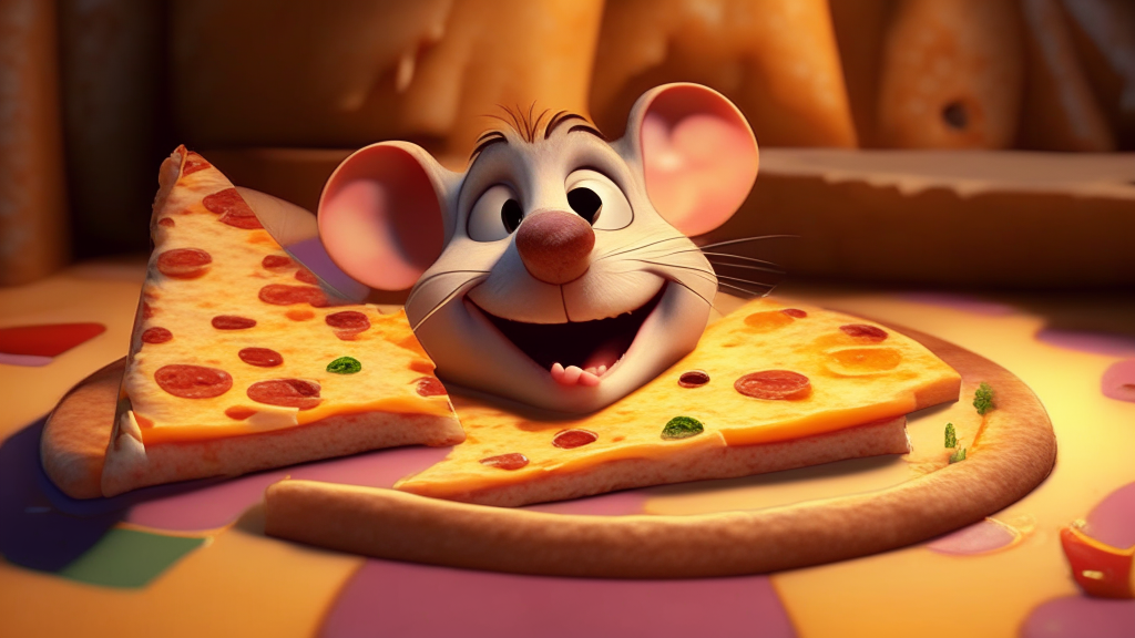 a cartoon of a smiling mouse beside a slice of cheese pizza, pixar, up, ratatouille, 4k, toy story