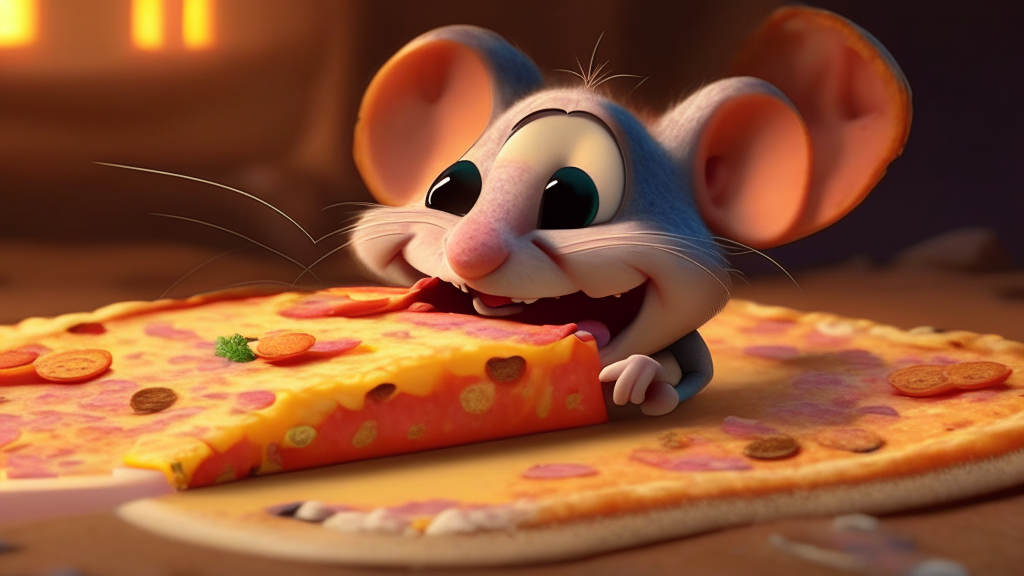 a cartoon of a smiling mouse beside a slice of cheese pizza, pixar, up, ratatouille, 4k, toy story
