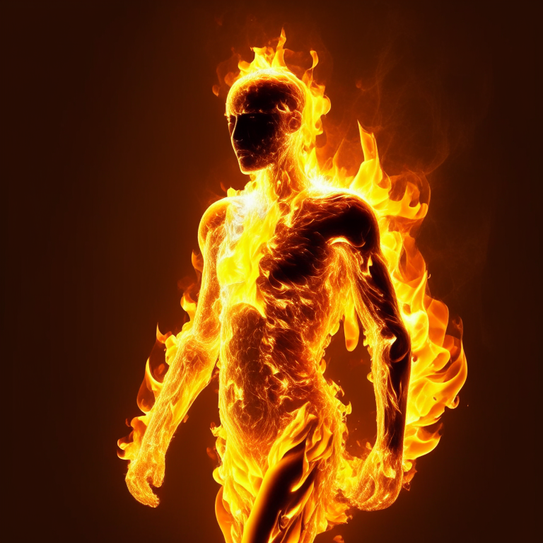 a person made entirely of fire, glowing orange and yellow