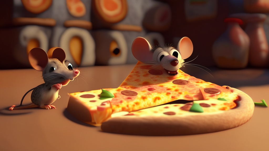 a cartoon of a mouse beside a slice of cheese pizza, pixar, up, ratatouille, 4k, toy story