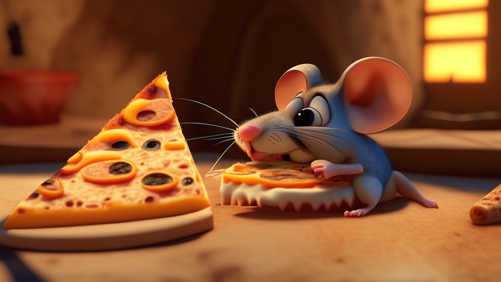 a cartoon of a mouse beside a slice of cheese pizza, pixar, up, ratatouille, 4k, toy story