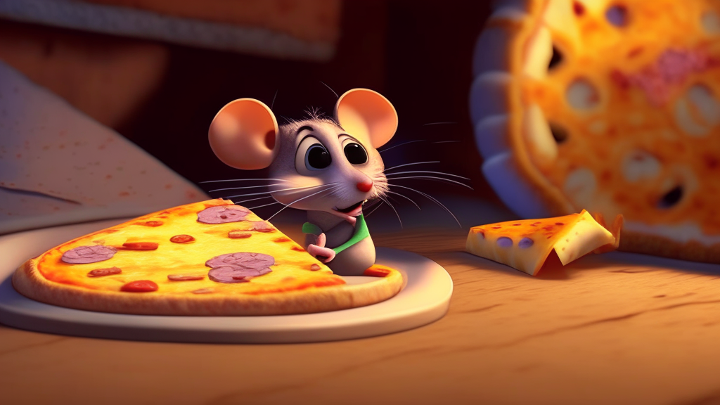 a cartoon of a mouse beside a slice of cheese pizza, pixar, up, ratatouille, 4k, toy story