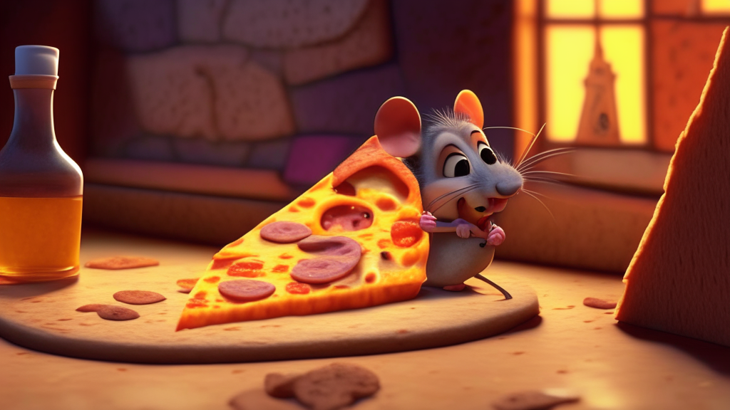a cartoon of a mouse beside a slice of cheese pizza, pixar, up, ratatouille, 4k, toy story