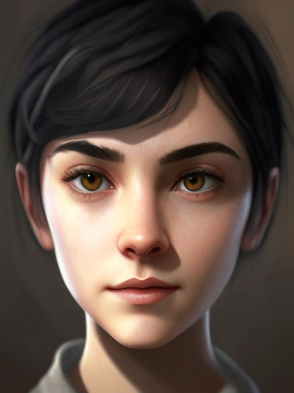 a portrait of a sixteen year old female character with grey and short hair, medium nose, brown almond shaped eyes, modern style