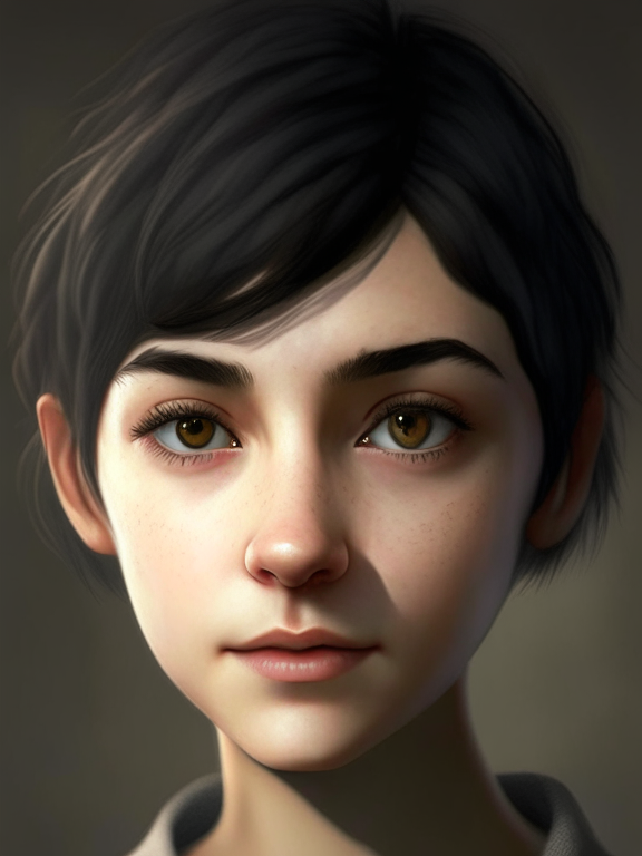 a portrait of a sixteen year old female character with grey and short hair, medium nose, brown almond shaped eyes, modern style